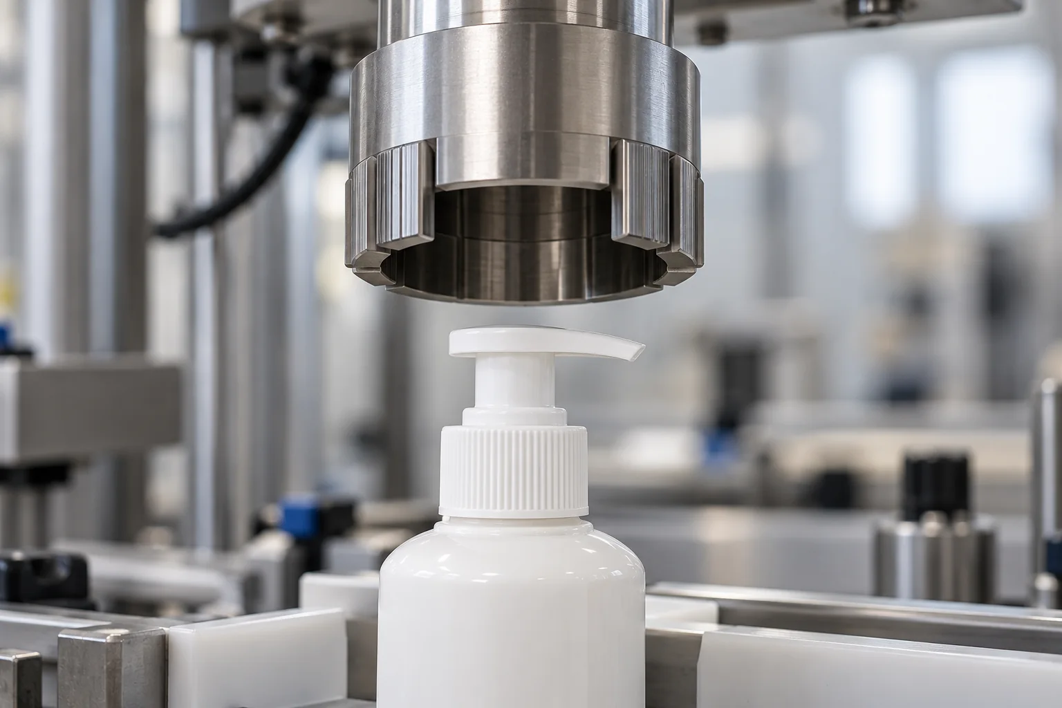 Example capping chuck suspended above a lotion pump collar before engagement