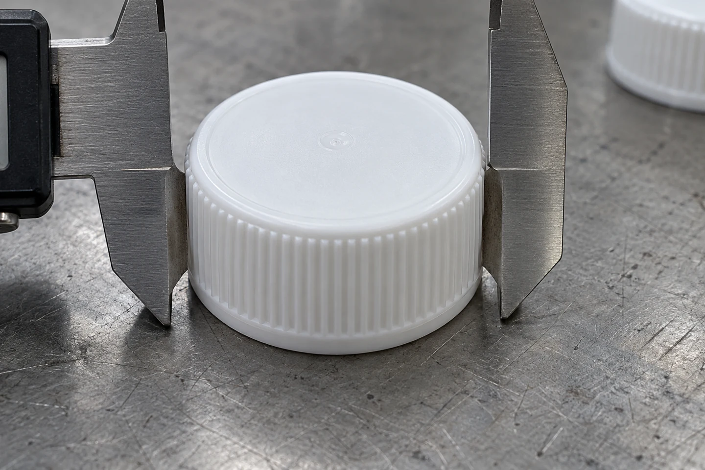 External caliper jaws contacting opposite sides of a white screw cap’s ribbed skirt