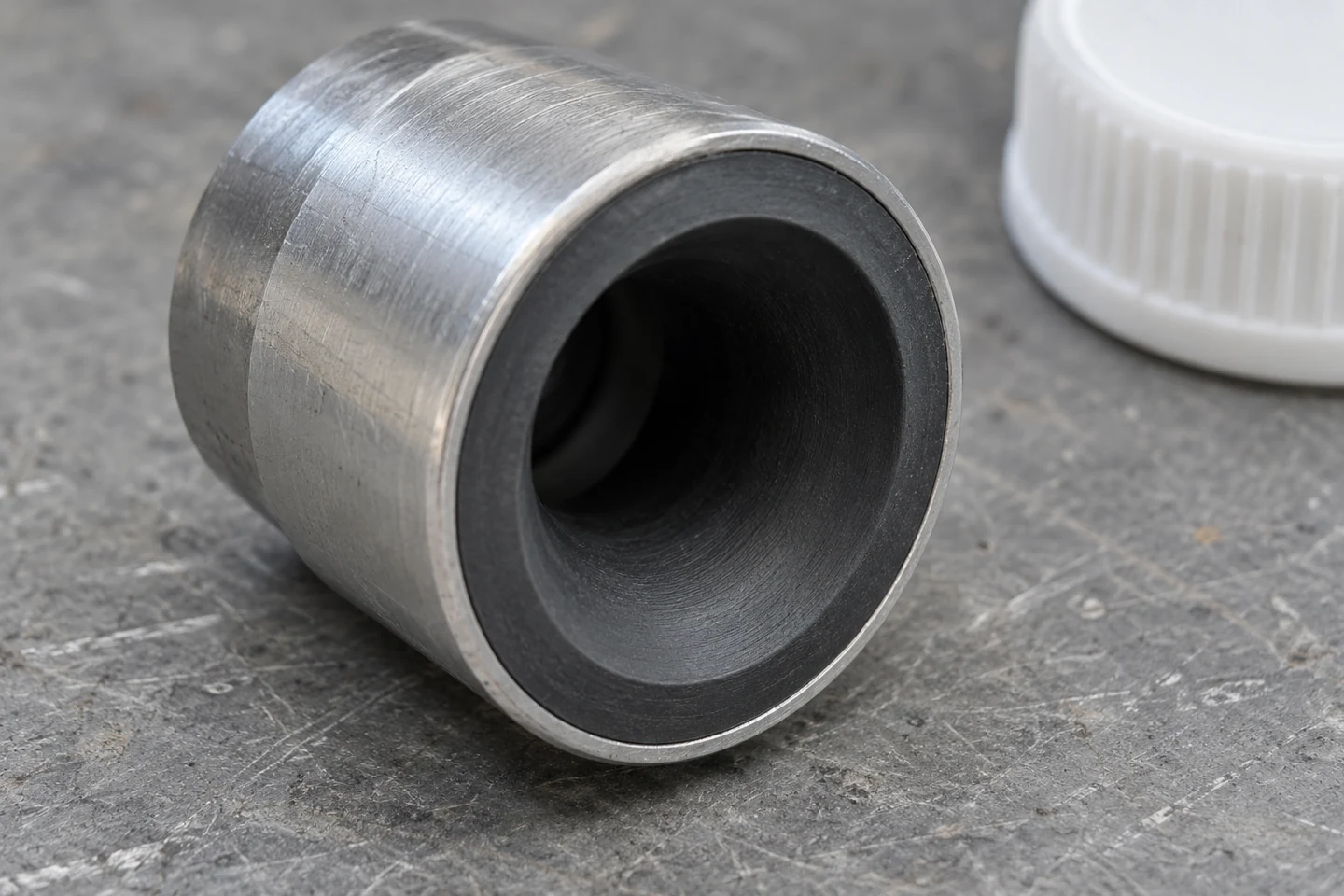 Close view into a dark tapered elastomer insert retained inside a brushed metal capping chuck shell