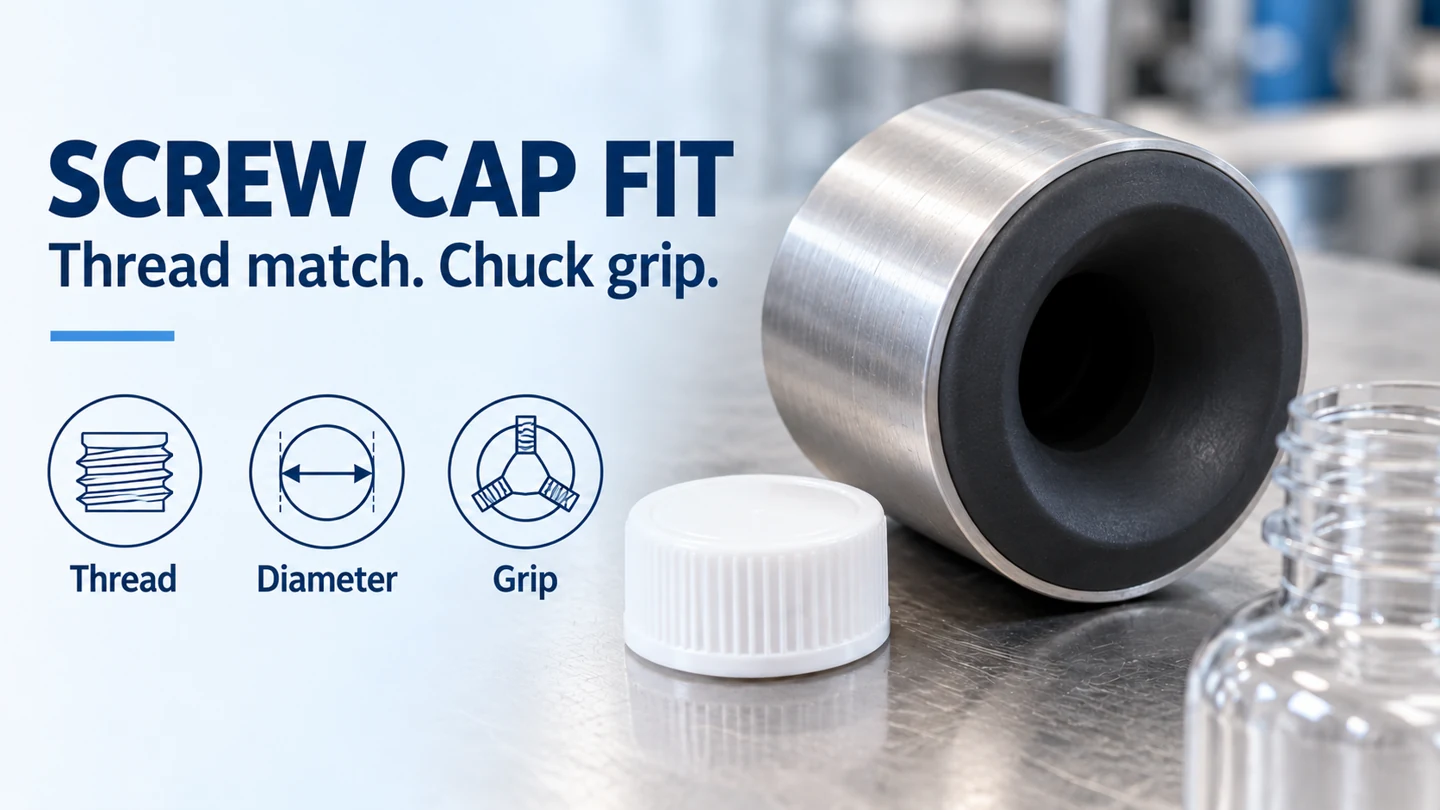 Screw cap fit cover with thread, diameter and grip icons beside a rubber-lined capping chuck, white cap and bottle neck