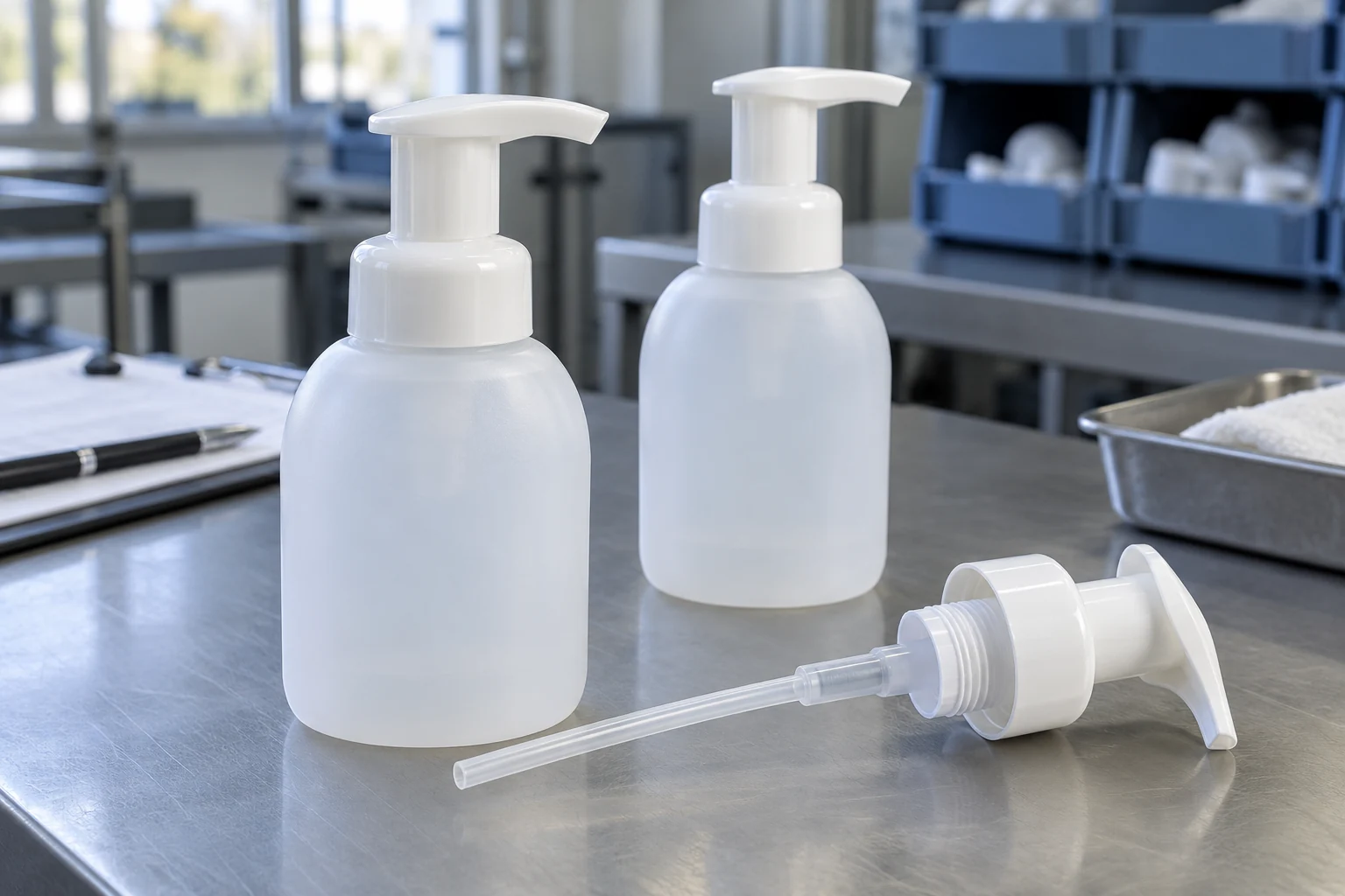 White polypropylene foam dispenser pumps with dip tubes on an inspection bench