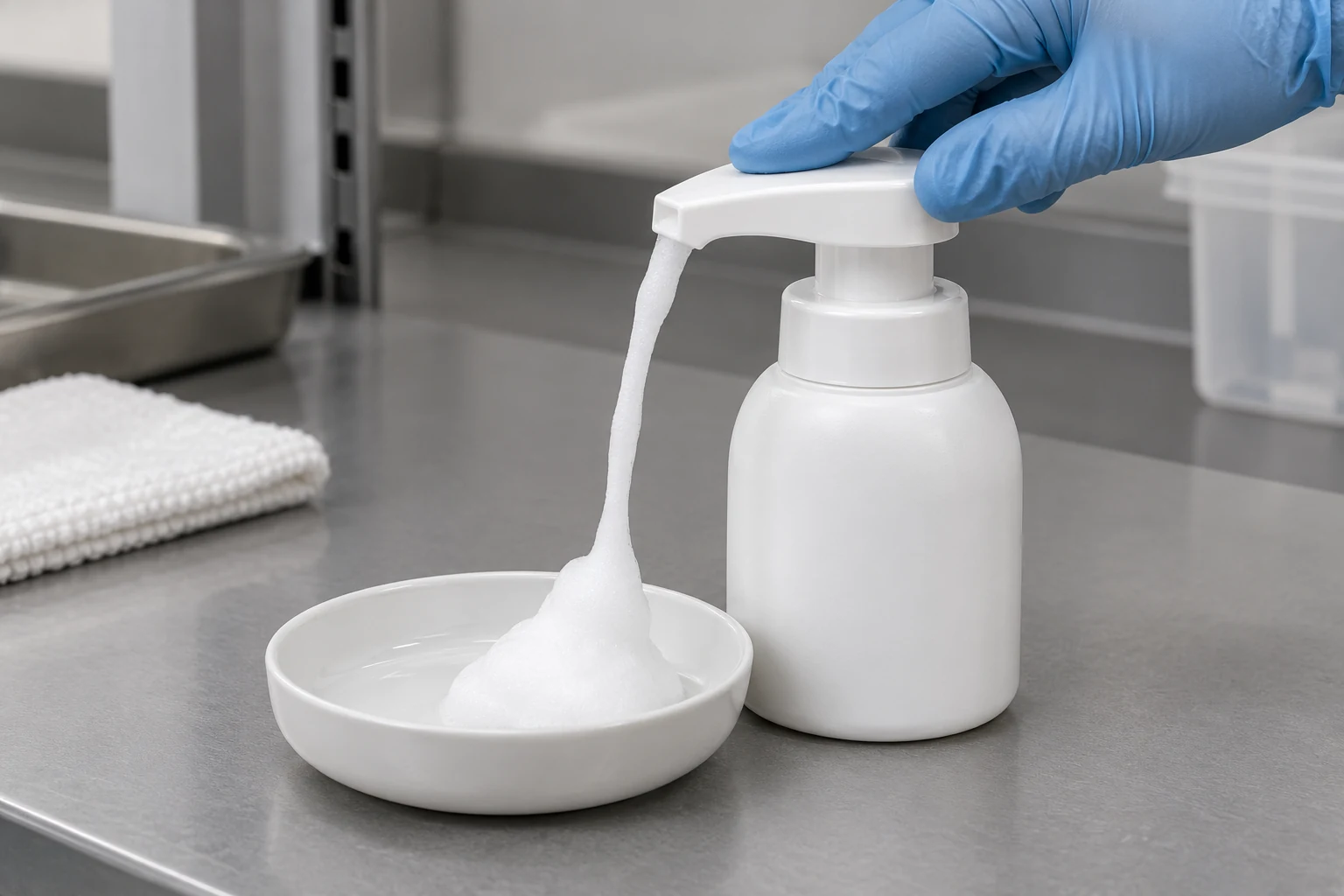 A gloved hand presses a foamer pump head as foam dispenses into a collection dish