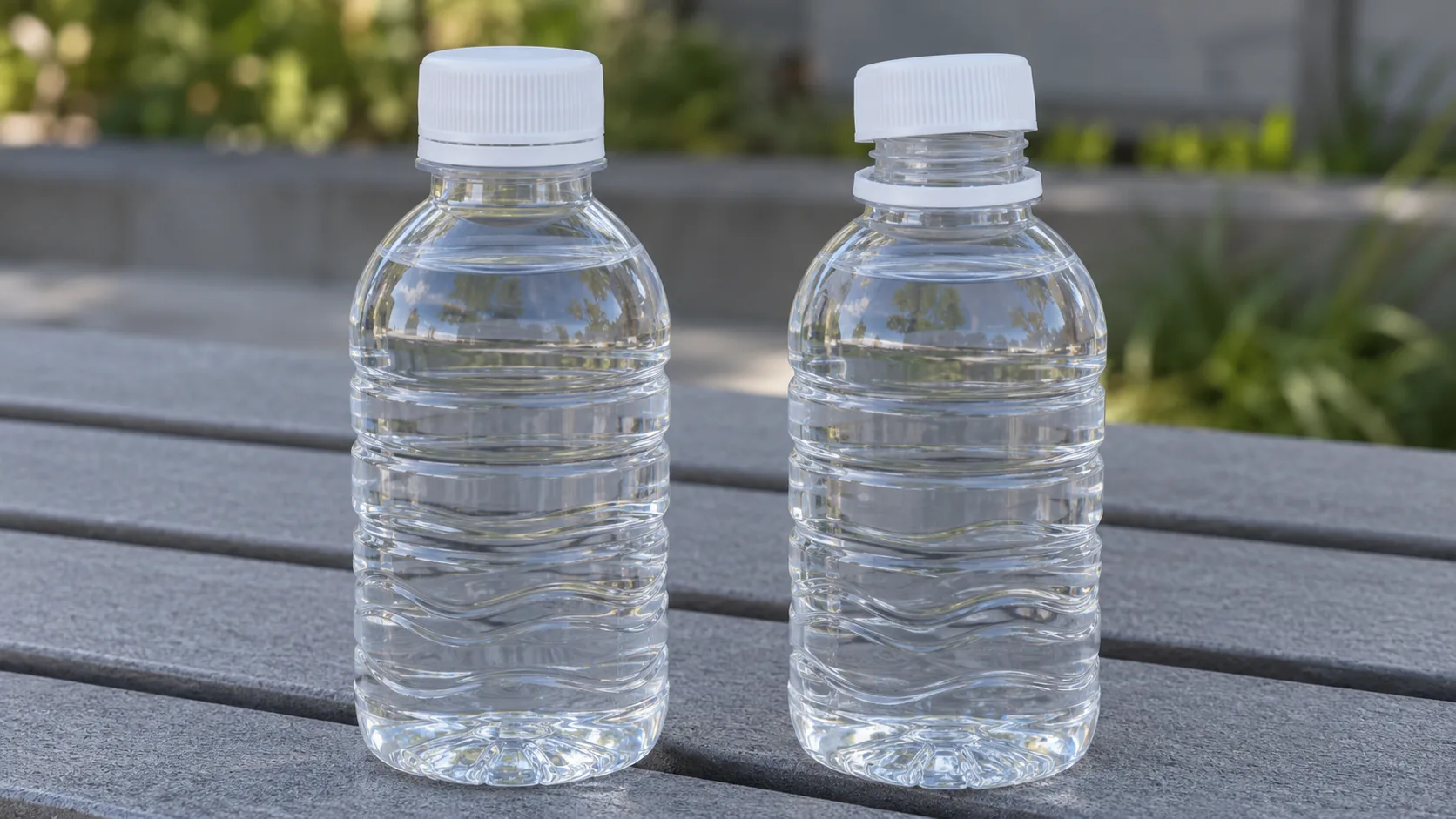 Two clear bottles with plain white caps, one tamper band still up and one band dropped on the neck