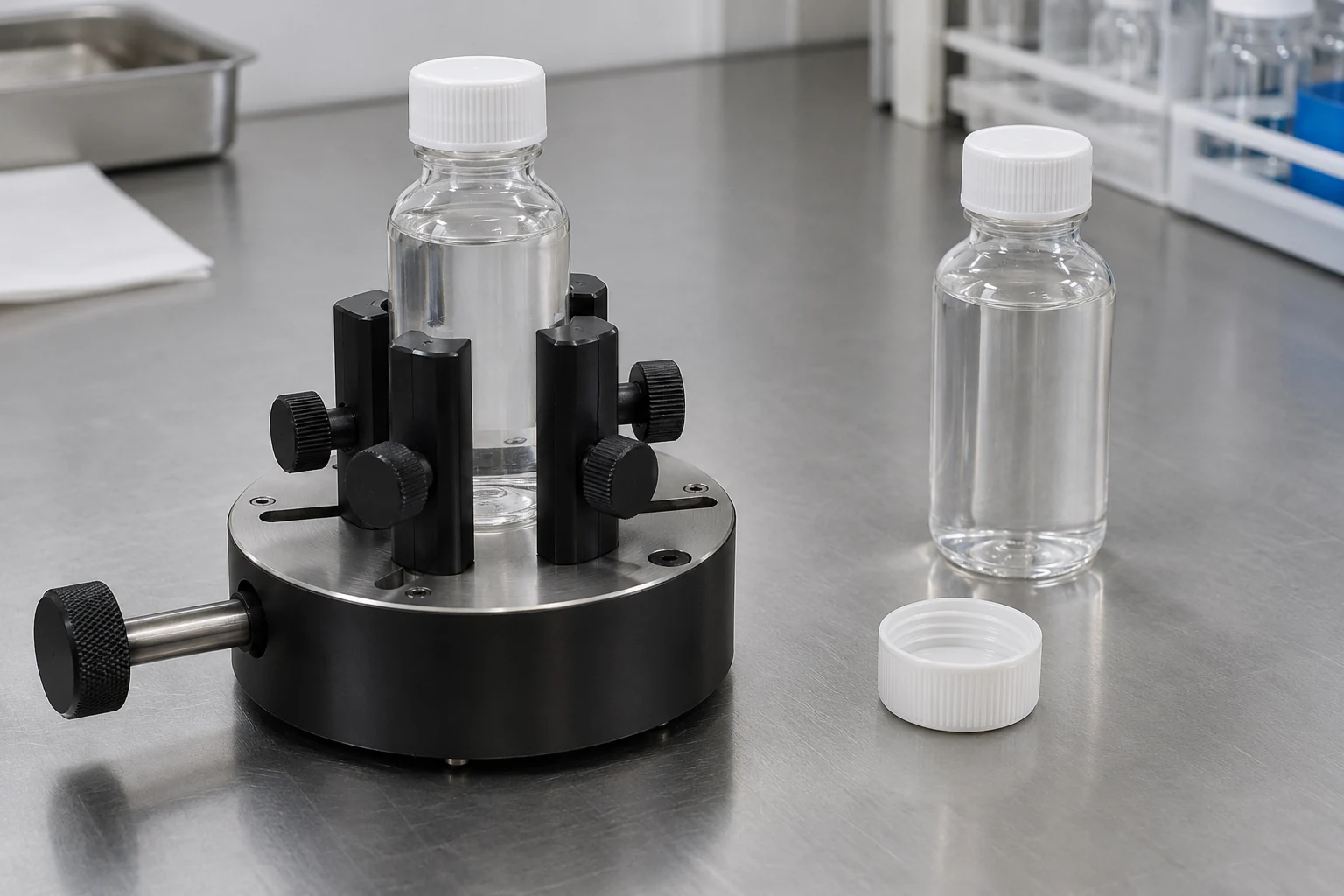 Capped bottle secured in a four-post digital torque testing fixture