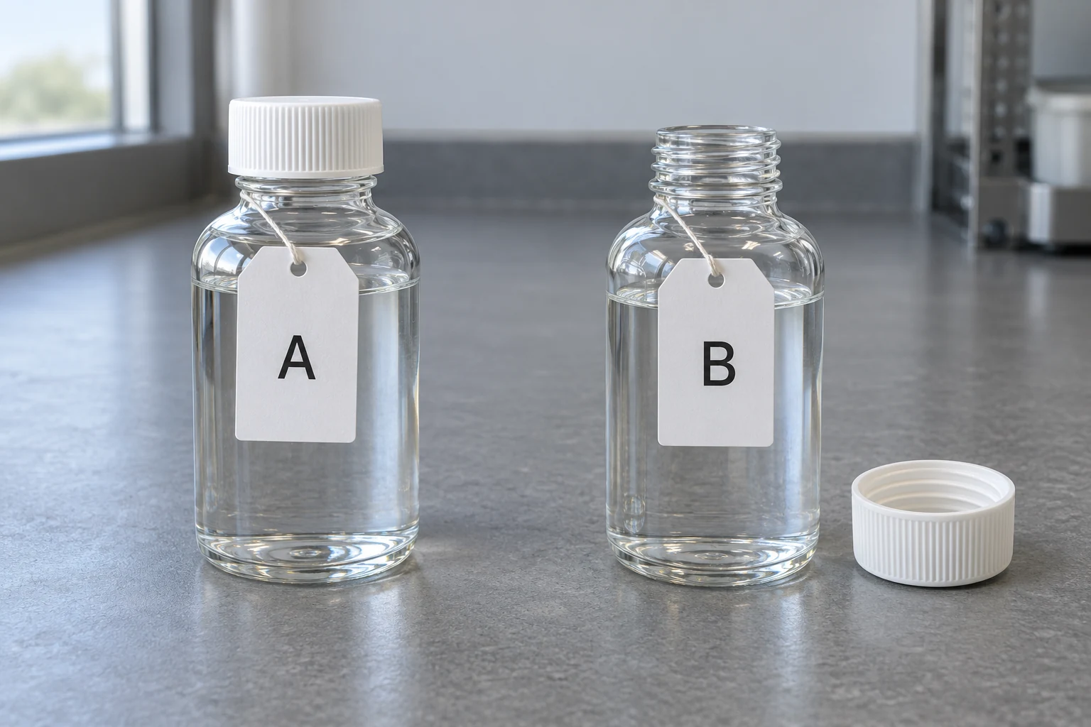 Two tagged sample bottles A and B, with A kept capped and B shown open beside its removed cap