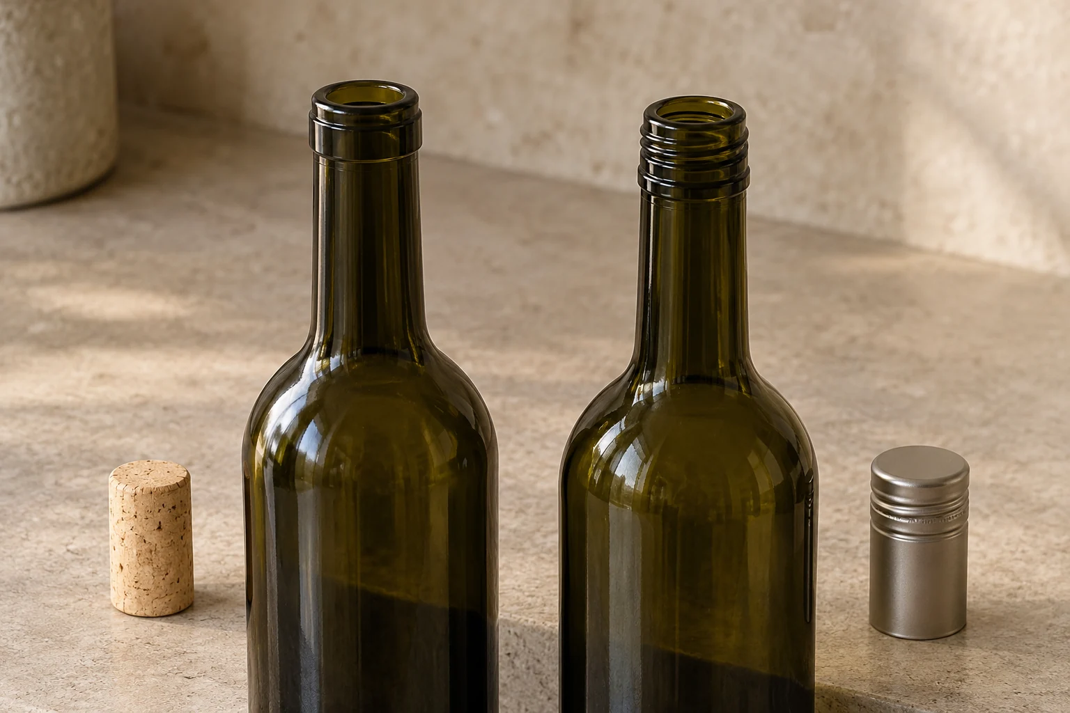 Wine bottle necks comparing cylindrical cork bore seating with roll-on aluminium screw-cap finishes